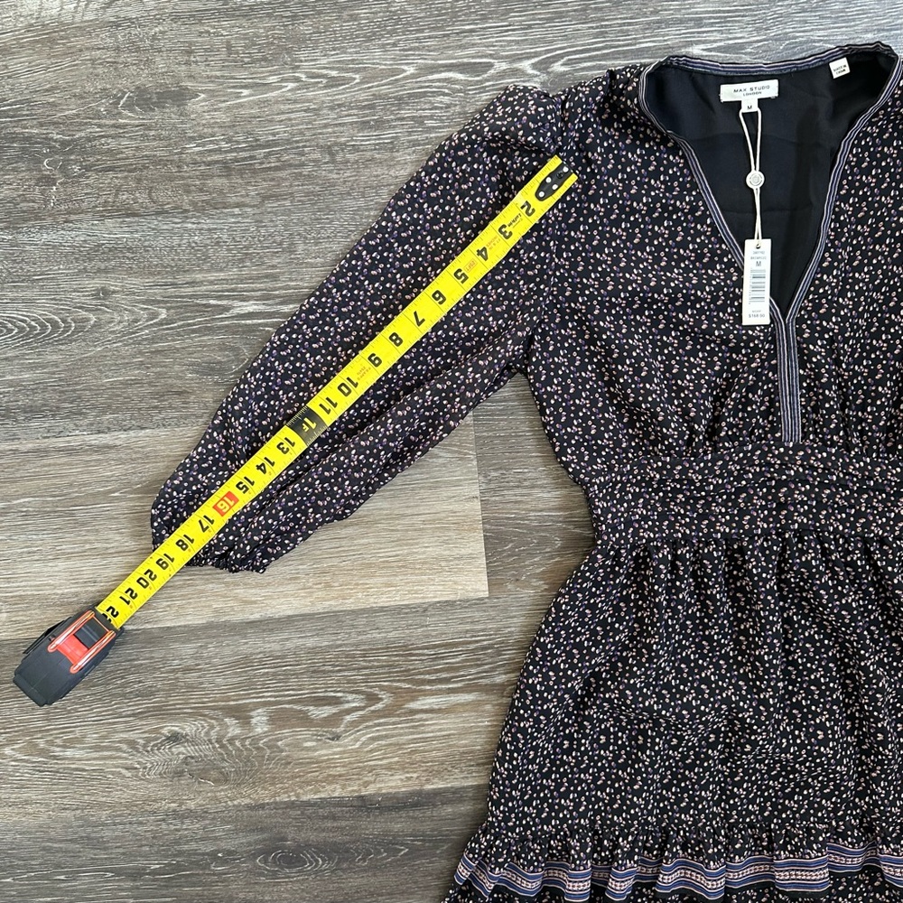 Max Studio London Black Floral Tiered Ruffle Mini Dress V-Neck Long Sleeve M - Picture 4 of 8
